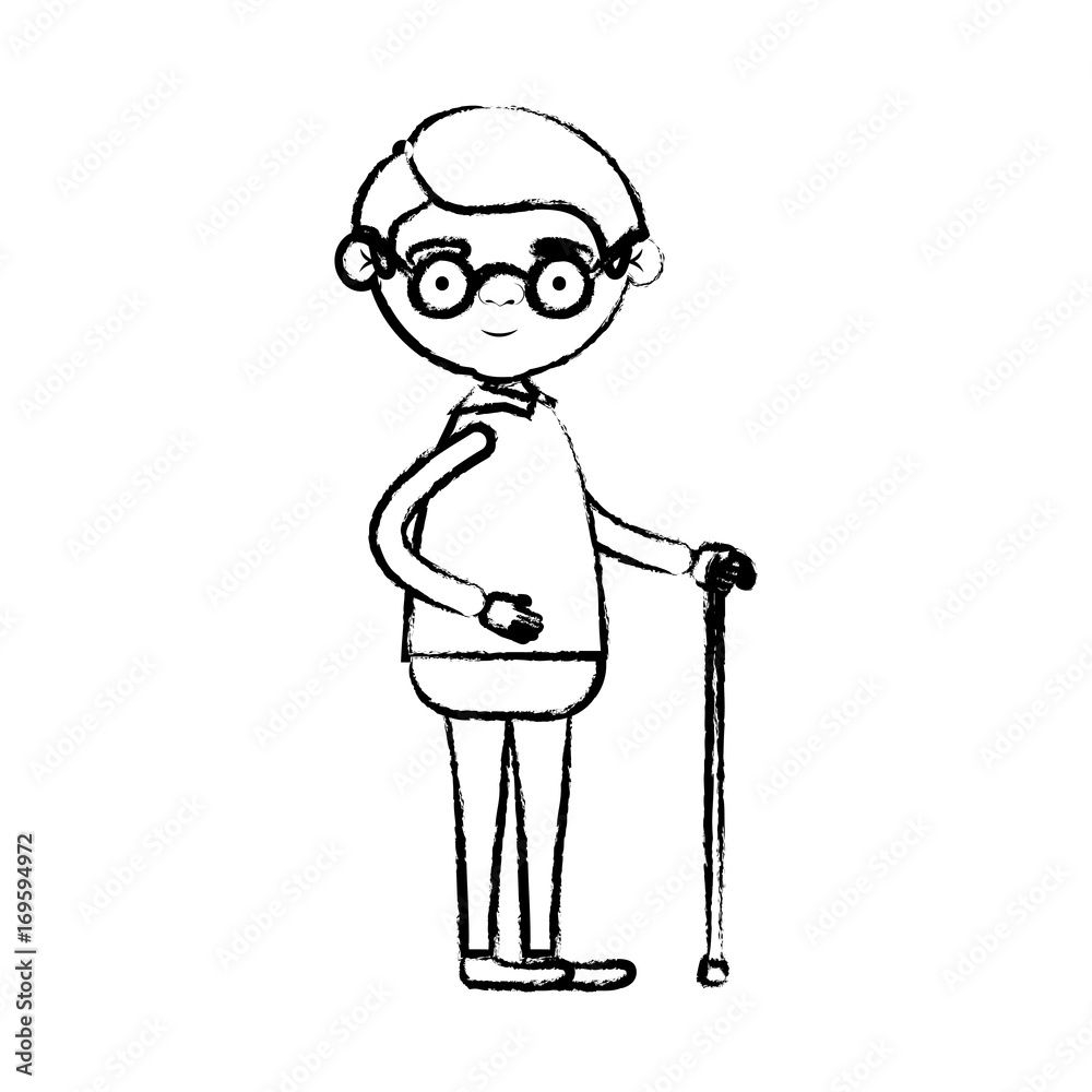 blurred silhouette of full body elderly man in walking stick with glasses