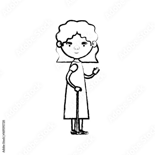 blurred silhouette of full body elderly woman in walking stick with dress and short hairstyle