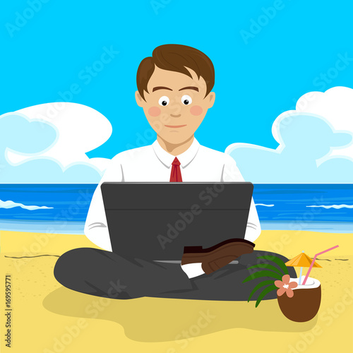 Young man working with laptop at the tropical beach in lotus posture