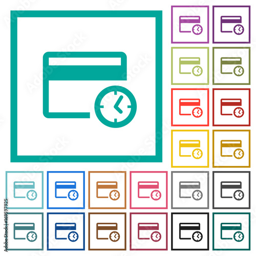 Credit card transaction history flat color icons with quadrant frames
