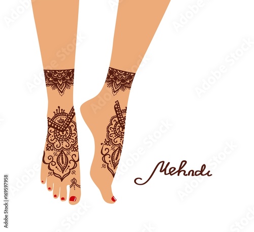 Element yoga mudra legs with mehendi patterns. Vector illustration for a yoga studio, tattoo, spas, postcards, souvenirs. Indian tradition