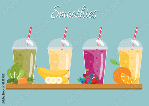 Cartoon smoothies. Orange,  berry, banana  smoothie. Organic fruit shake. Flat design. Vector illustration.
