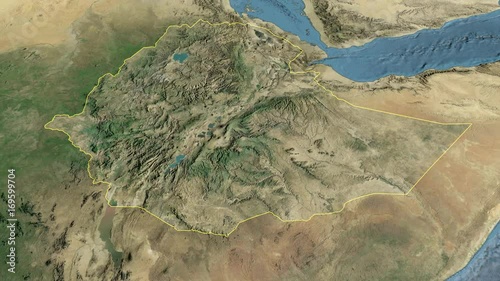 Ethiopia, glide over the satellite map, outlined photo