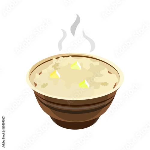 Cartoon oat porridge in ceramic plate isolated on white background.