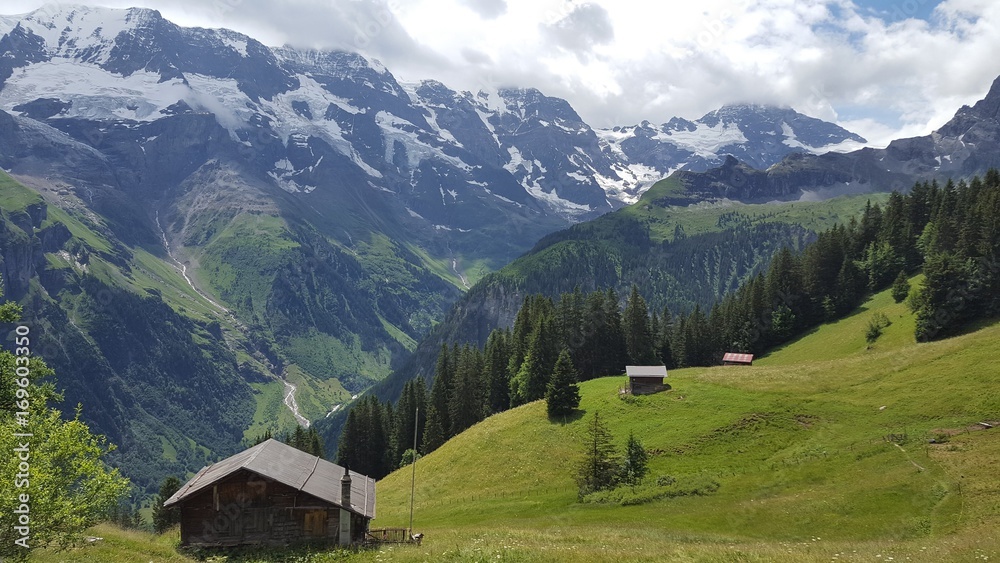 Wooden cabins on steep hills in the beautiful Swiss Alps