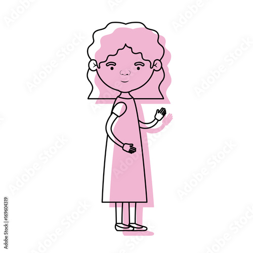 full body elderly woman in dress with wavy short hairstyle in pink watercolor silhouette