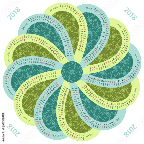 English 2018 calendar in round shape on white background