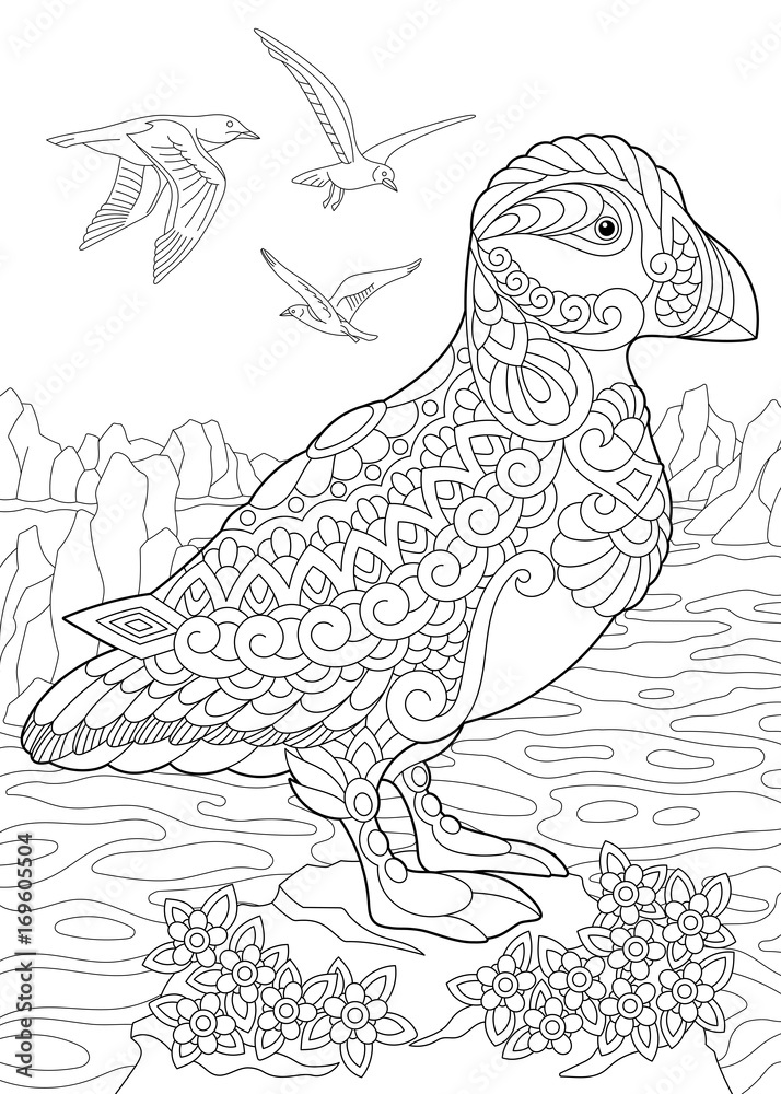 Naklejka premium Coloring page of puffin, a hole-nesting auk (seabird) of northern and Arctic waters. Freehand sketch drawing for adult antistress coloring book in zentangle style.