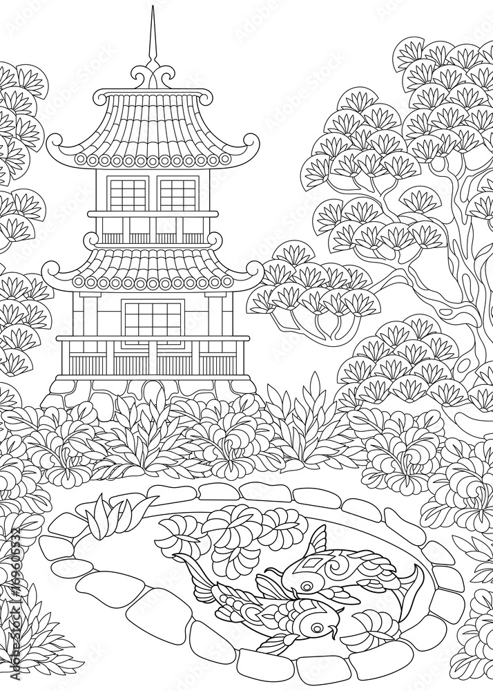 Coloring page of oriental temple. Japanese or chinese pagoda tower. Freehand sketch drawing for adult antistress coloring book in zentangle style.