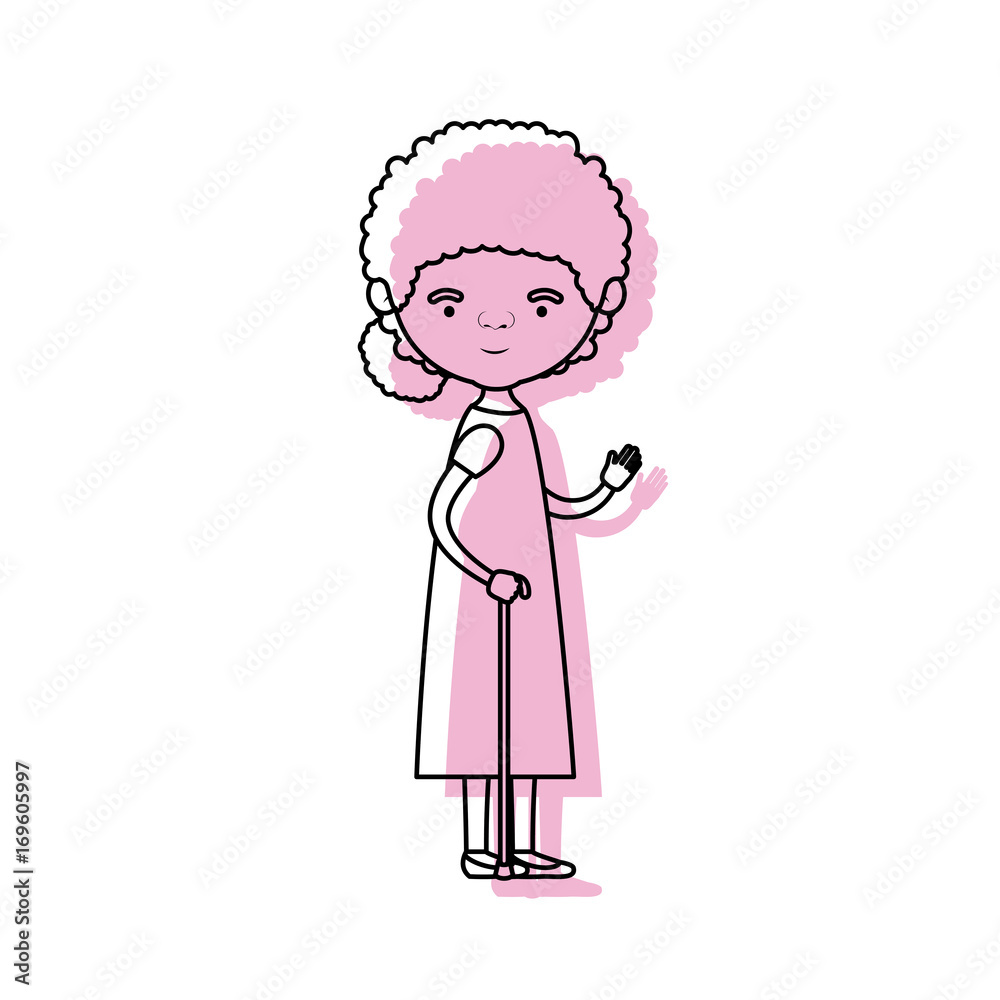 full body elderly woman in walking stick with dress and curly side bun hairstyle in pink watercolor silhouette