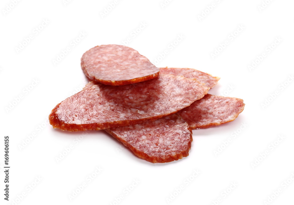 Salami sausage slices isolated on white background Salami sausage slices isolated on white background