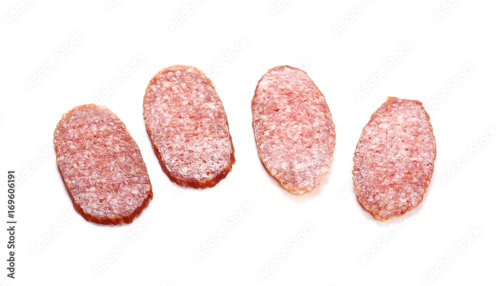 Salami sausage slices isolated on white background Salami sausage slices isolated on white background