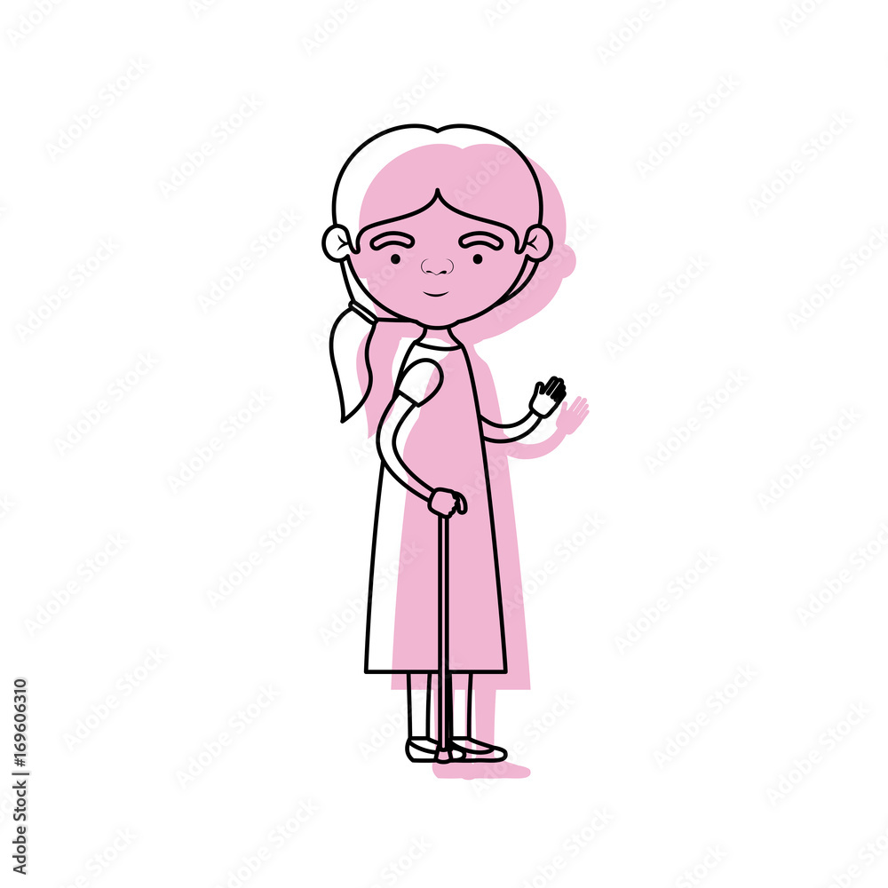 full body elderly woman in walking stick with dress and ponytail side hairstyle in pink watercolor silhouette full body elderly woman in walking stick with dress and ponytail side hairstyle in pink watercolor silhouette