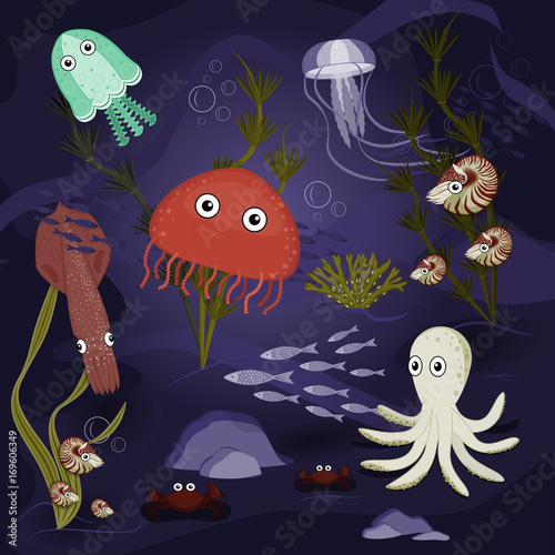 underwater sea inhabitants with eyes vector illustration