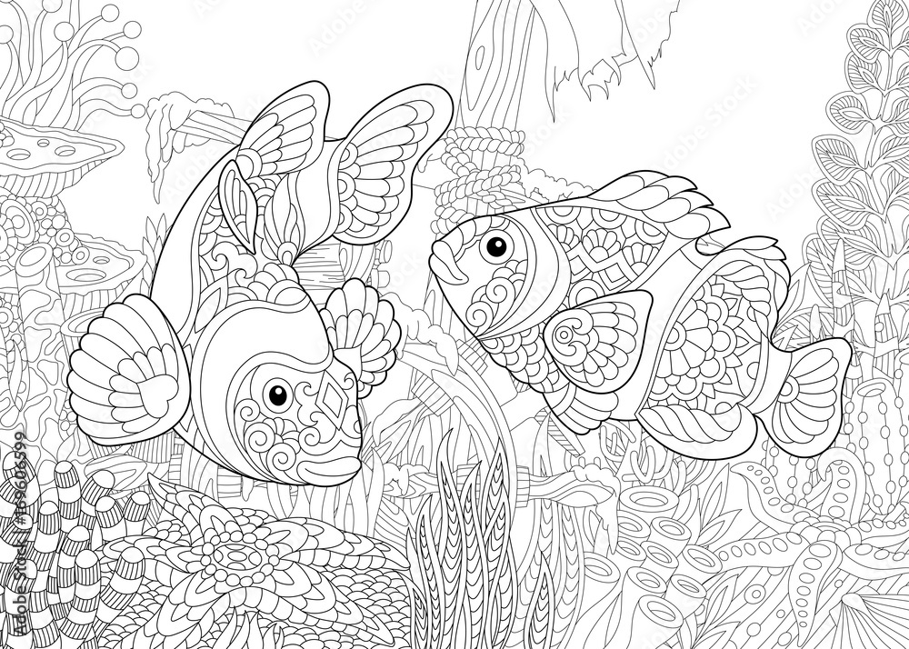 Fototapeta premium Coloring page of underwater world. Clown fish on the background of a sunken ship. Freehand sketch drawing for adult antistress coloring book in zentangle style.