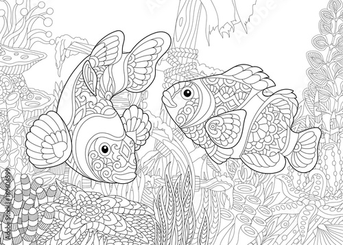 Coloring page of underwater world. Clown fish on the background of a sunken ship. Freehand sketch drawing for adult antistress coloring book in zentangle style.