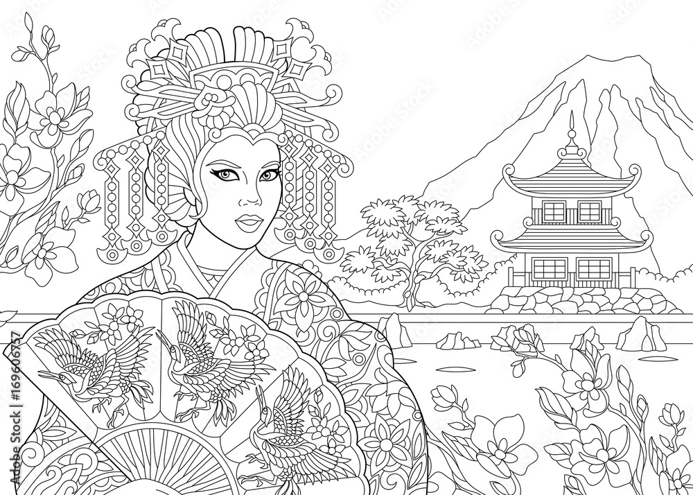 coloring page of geisha japanese dancing actress with pagoda and cherry blossom on the background freehand sketch drawing for adult antistress coloring book in zentangle style stock vector adobe stock