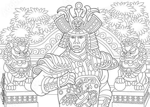 Coloring page of japanese samurai with lion statues on the background. Freehand sketch drawing for adult antistress coloring book in zentangle style. © Sybirko