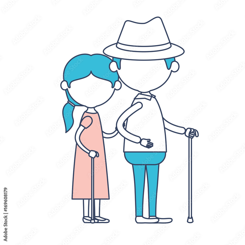 faceless full body elderly couple in walking stick grandmother side ponytail hairstyle in dress and grandfather with hat in color section silhouette faceless full body elderly couple in walking stick grandmother side ponytail hairstyle in dress and grandfather with hat in color section silhouette