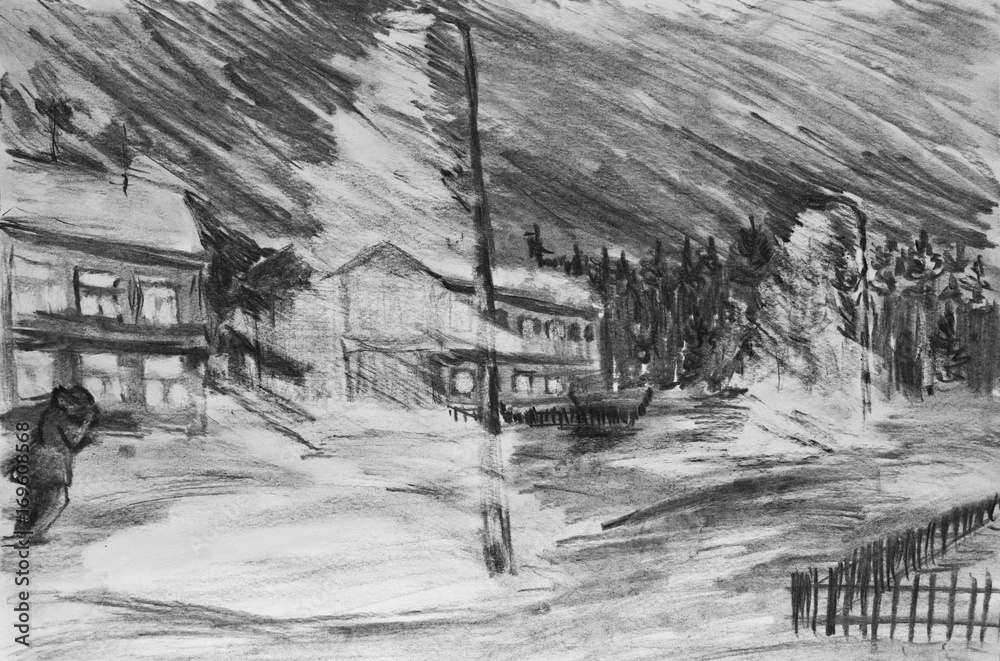 Night city. Snow storm. A charcoal drawing