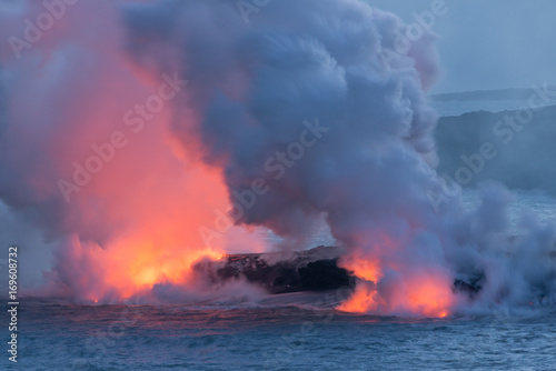 Lava Flowing into the Pacific Ocean on Big Island, Hawaii
