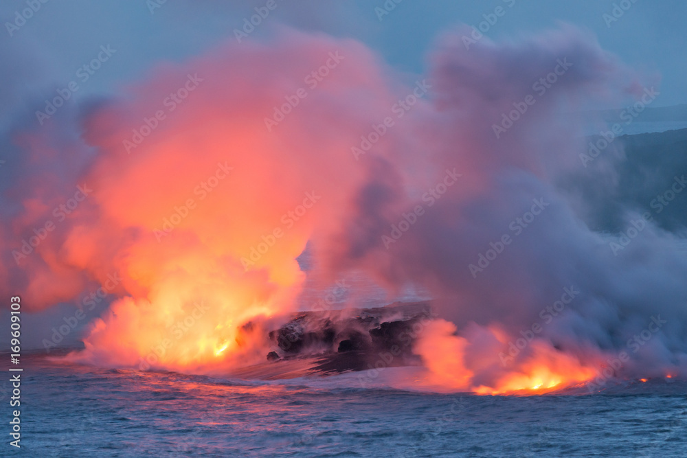 Lava Flowing into the Pacific Ocean on Big Island, Hawaii