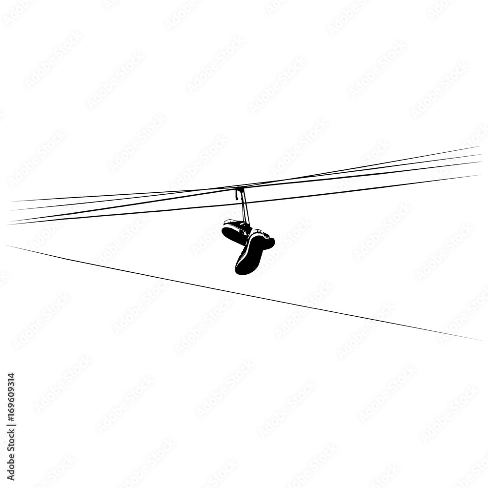 A Pair of Sneakers Hanging on a Power Line Stock Illustration -  Illustration of urban, blue: 283389608