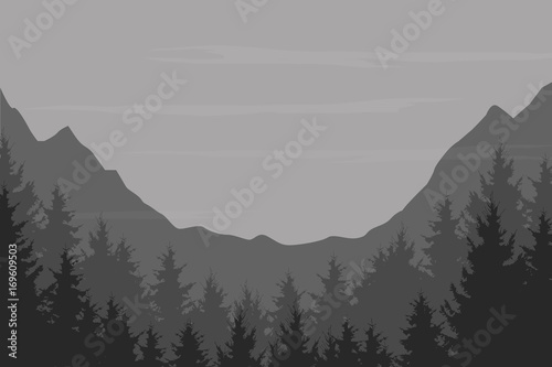 Vector flat vintage illustration of a panoramic night mountain landscape with a wood under the sky with cloud