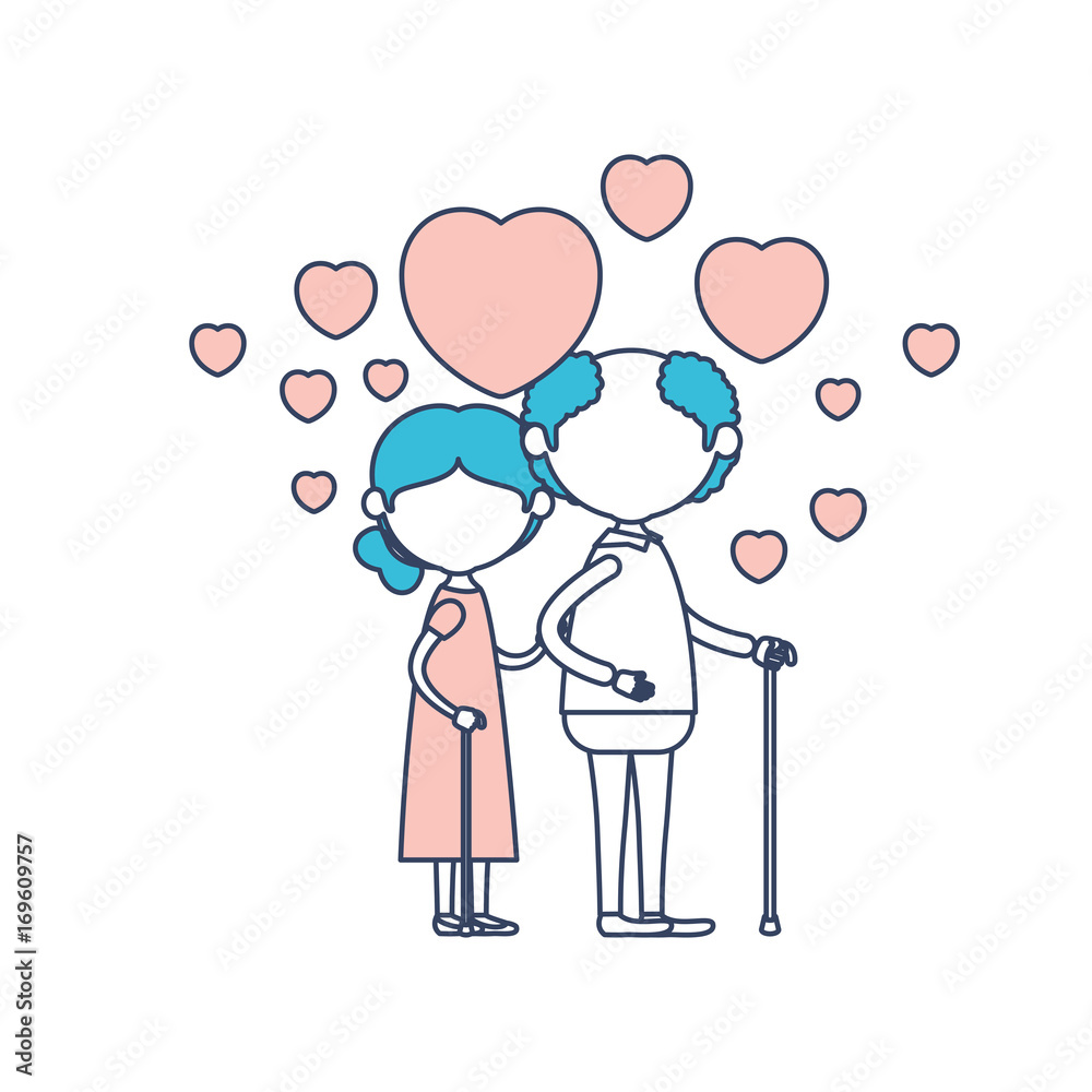 faceless caricature full body elderly couple embraced with floating hearts grandfather in walking stick and grandmother with collected hair in color section silhouette faceless caricature full body elderly couple embraced with floating hearts grandfather in walking stick and grandmother with collected hair in color section silhouette