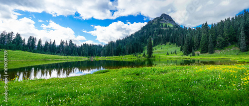 Mountain with Blue Sky and Green Grass and Lake