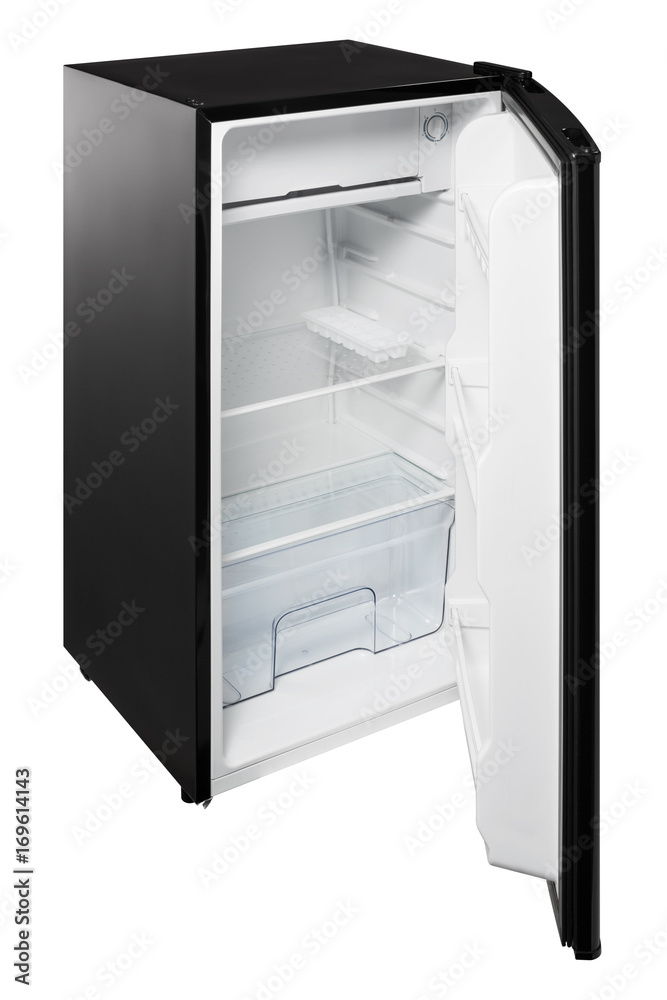 Black refrigerator with an open door on a white background Black refrigerator with an open door on a white background