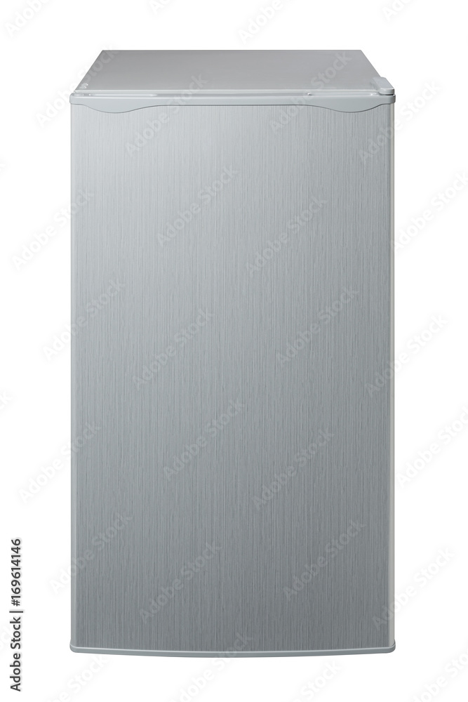 gray refrigerator with closed door on a white background gray refrigerator with closed door on a white background