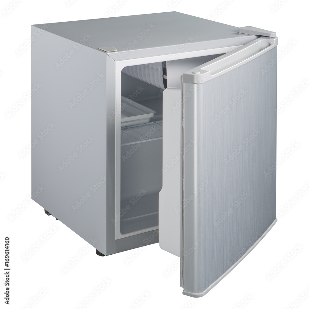 gray small refrigerator with a closed door on a white background gray small refrigerator with a closed door on a white background