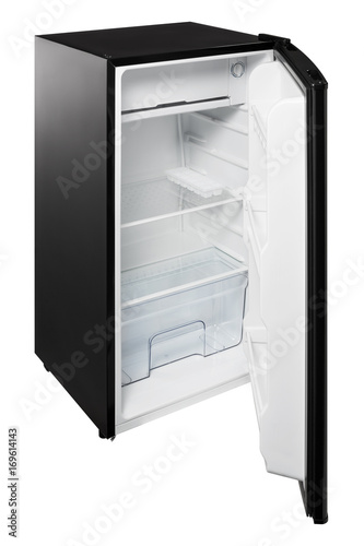 Black refrigerator with an open door on a white background