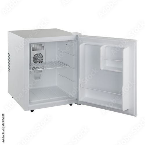 white small refrigerator with an open door on a white background