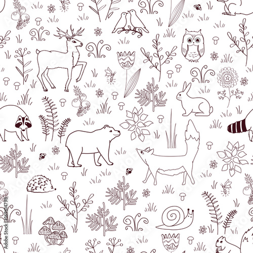 Forest seamless pattern with cute bear, fox, hedgehog, birds, bees, butterflies, mushrooms, owl, snail, deer, hear, and raccoon in cartoon style. Kids background