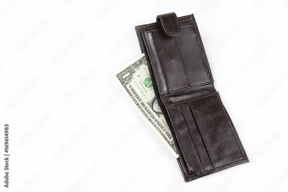 Empty wallet with one dollar on the white background Empty wallet with one dollar on the white background