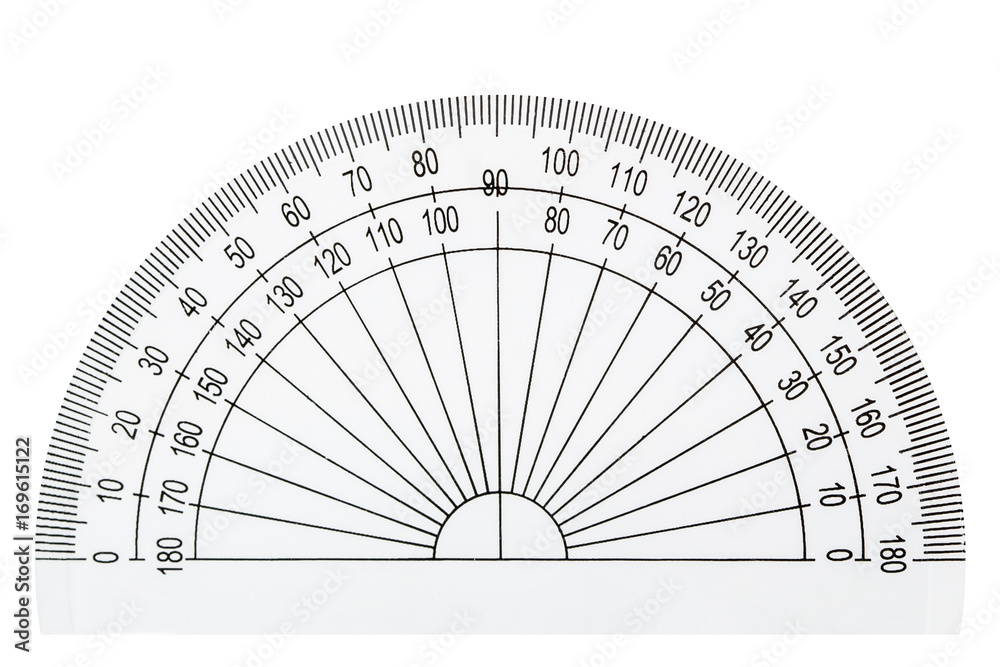 White plastic transparent protractor, isolated on white background
