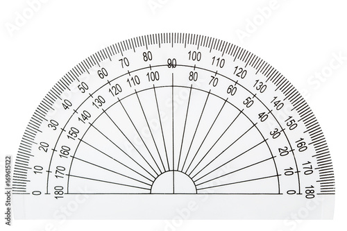White plastic transparent protractor, isolated on white background photo
