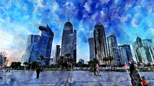 Watercolor painting of Doha, Qatar. photo