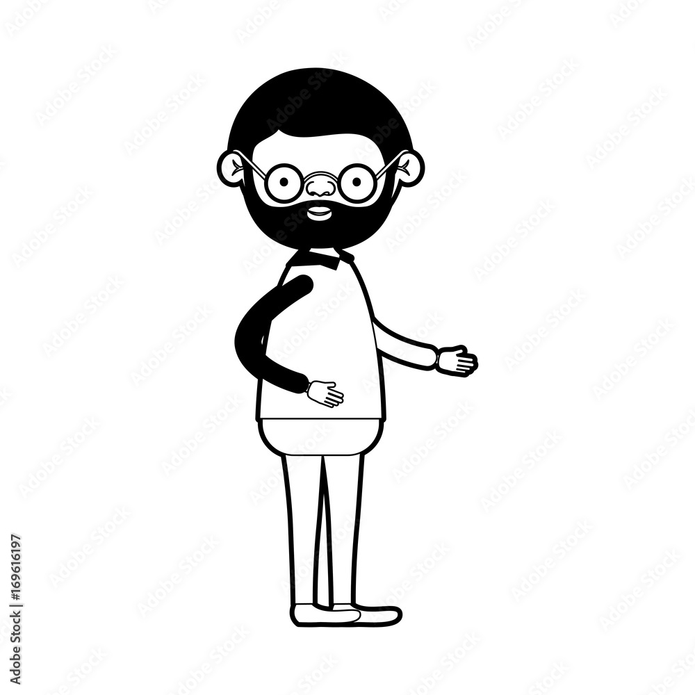 caricature full body bearded elderly man in clothes with glasses in black silhouette sections