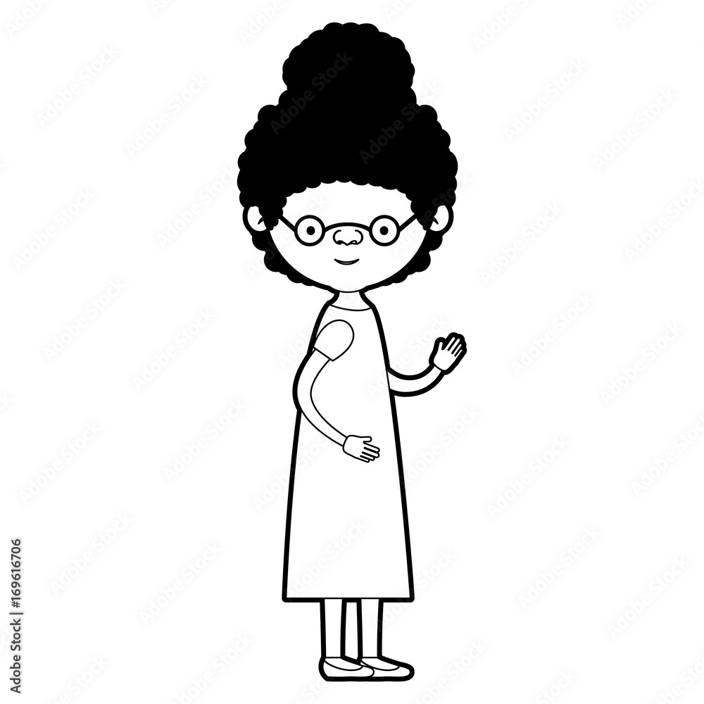caricature full body elderly woman in dress with curly collected hairstyle and glasses in black silhouette sections caricature full body elderly woman in dress with curly collected hairstyle and glasses in black silhouette sections