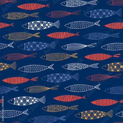 Sticker Seamless pattern with fish on a blue background