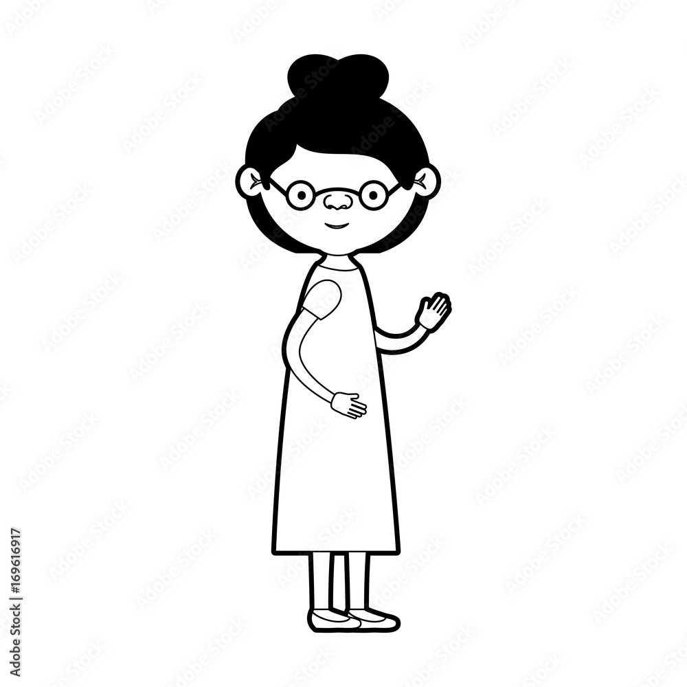 caricature full body elderly woman in dress with collected hairstyle and glasses in black silhouette sections caricature full body elderly woman in dress with collected hairstyle and glasses in black silhouette sections