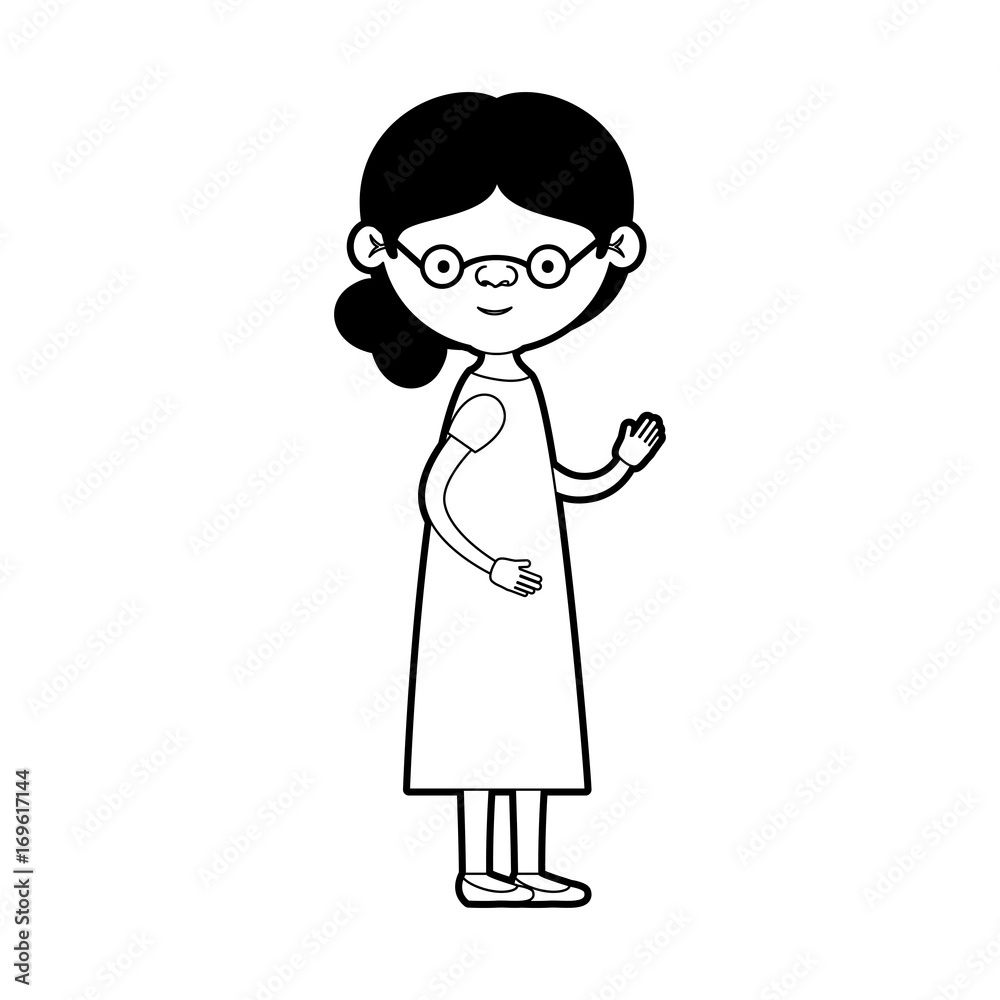 caricature full body elderly woman in dress with side bun hairstyle and glasses in black silhouette sections caricature full body elderly woman in dress with side bun hairstyle and glasses in black silhouette sections