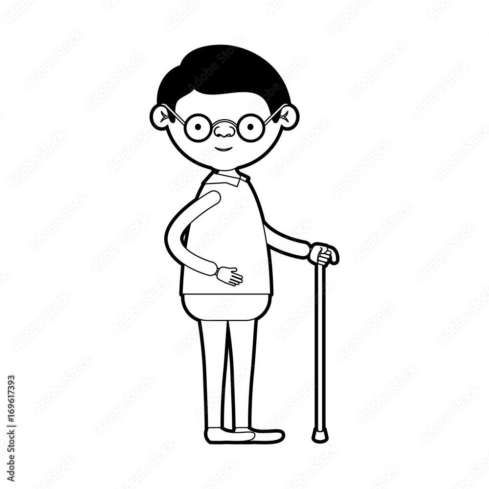 caricature full body elderly man in walking stick with glasses in black silhouette sections caricature full body elderly man in walking stick with glasses in black silhouette sections