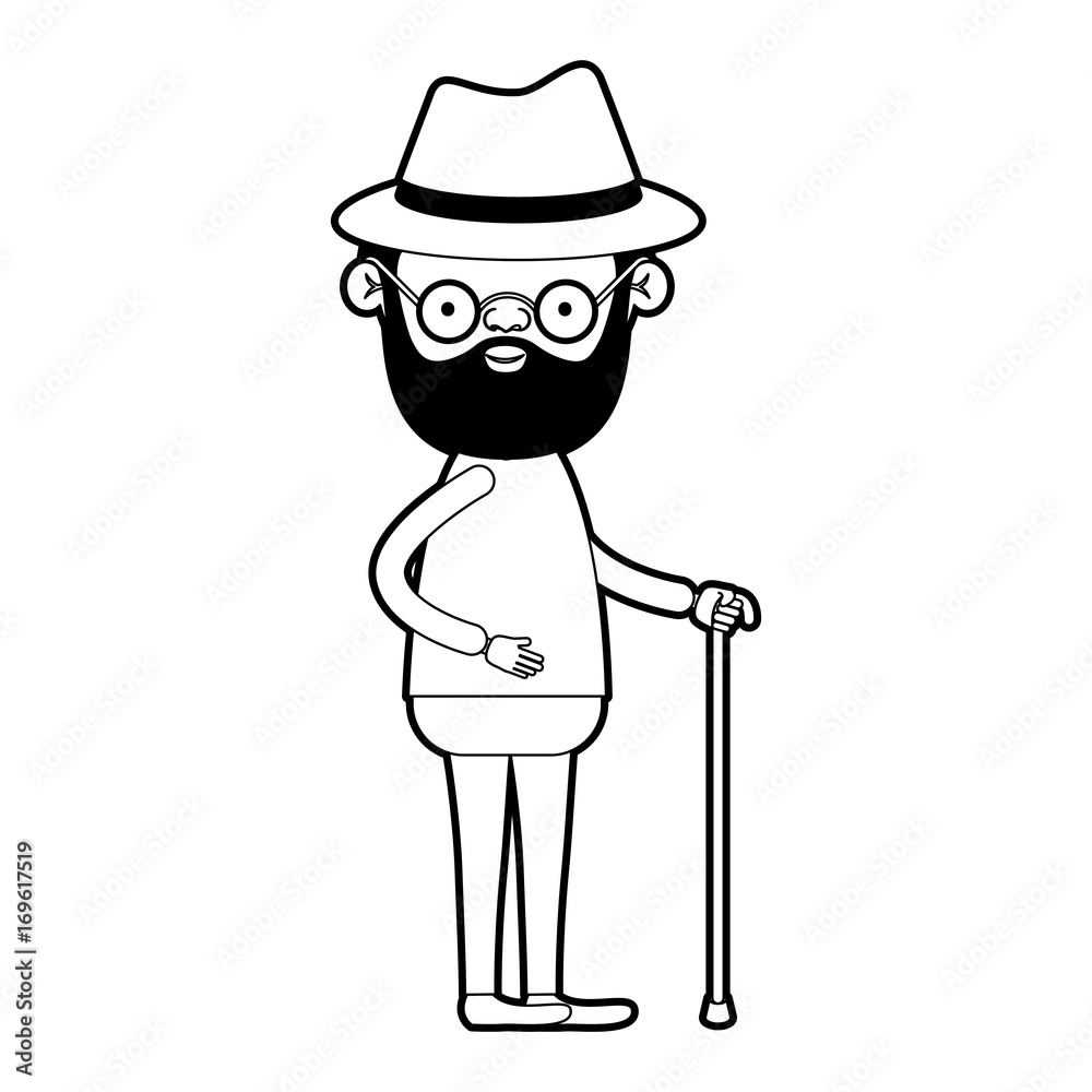 caricature full body grandfather in walking stick with beard and glasses in black silhouette sections caricature full body grandfather in walking stick with beard and glasses in black silhouette sections
