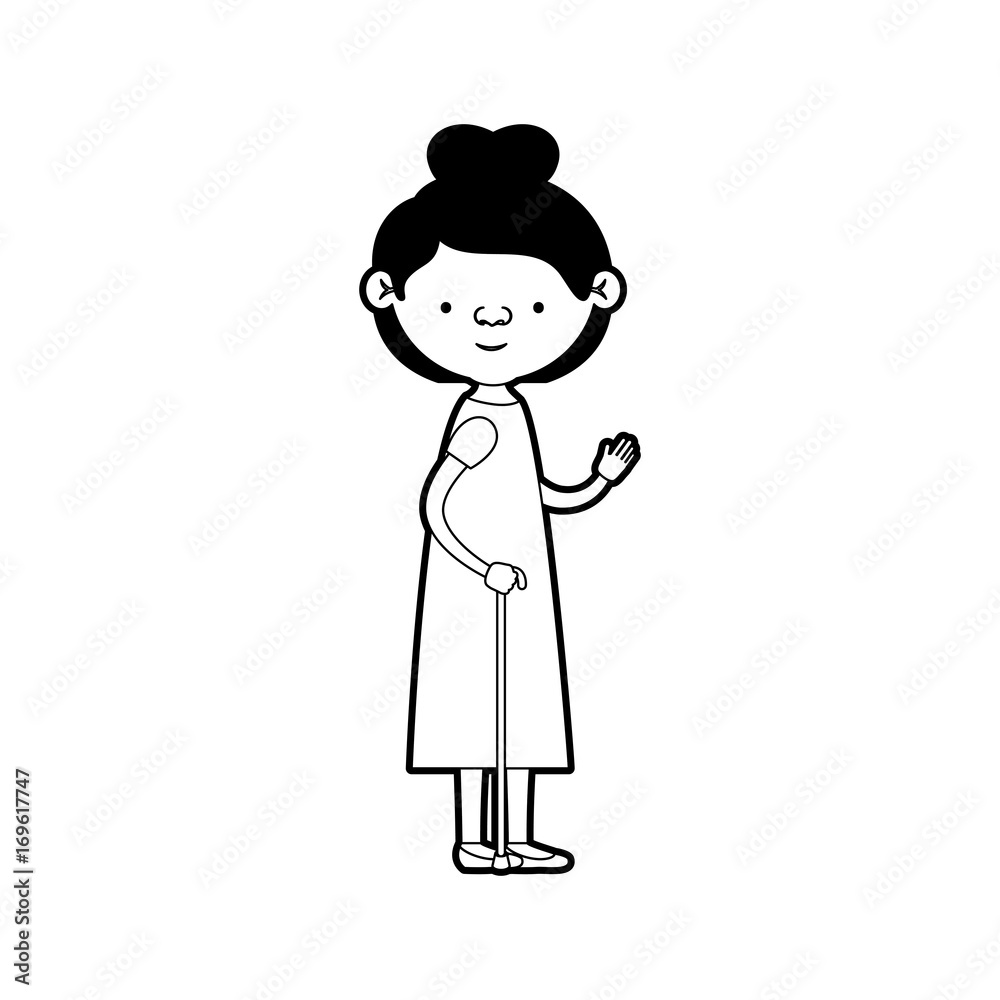 caricature full body elderly woman in walking stick with dress and collected hairstyle in black silhouette sections caricature full body elderly woman in walking stick with dress and collected hairstyle in black silhouette sections