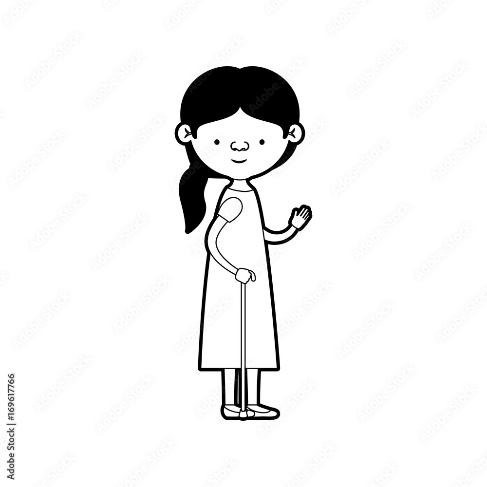 caricature full body elderly woman in walking stick with dress and ponytail side hairstyle in black silhouette sections caricature full body elderly woman in walking stick with dress and ponytail side hairstyle in black silhouette sections