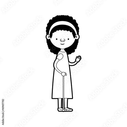 caricature full body elderly woman in walking stick with dress and bow lace and curly hairstyle in black silhouette sections